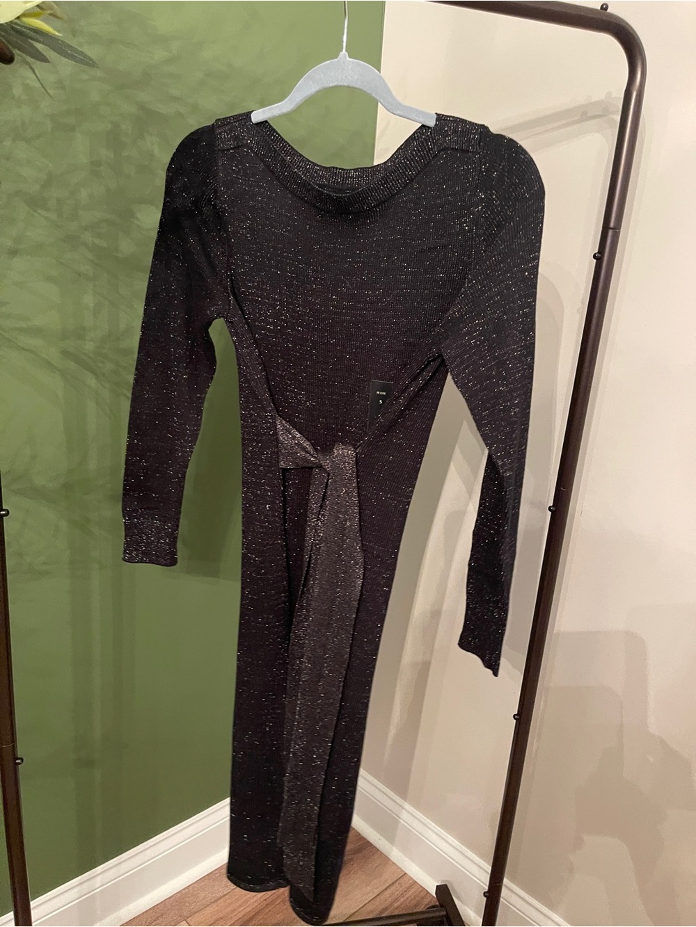 Banana Republic Black Metallic Tie-Waist Long Sleeve Dress